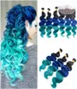 1BBlueGreen Ombre Fasci di capelli umani brasiliani vergini con chiusura frontale in pizzo pieno 13x4 Tessuti di capelli umani colorati a tre tonalità1364584