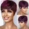 Wigs Short Bob Wavy Wig With Bangs Full Machine No Lace Wigs For Women Brazilian Straight Ombre Burgundy Human Hair Pixie Cut Wig