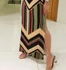 Vestido maxi estampado listrado colorido com costura lateral feminino vestido ultra longo com manga colorida e trava 240102