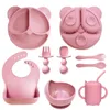 8st Baby Soft Silicone Bib Dish Suction Cup Bowl Dinner Plate Pork Spoon Set Non-Slip Food-Silicone Kids Cotlery BPA GRATIS 231229