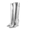 Boots Silver Gold Pointed Wedge Heels Women's European American Style Short Plush Slipsole Fashionable Kne Size 35-47