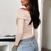 Blusas femininas na moda topo de um ombro elegante fora do ombro ruched manga longa topos para mulheres estilo de deslocamento fino ajuste conforto na moda