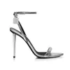 Mit Vorhängeschloss verzierte Stiletto-Sandalen, 105 mm Metallic-Leder, Knöchelriemen, schmale Bandsandalen, Absätze, Abendschuhe, spitze Damenschuhe, Luxusdesigner mit Absatz