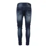 Men's Jeans High Street Fashion Men Retro Dark Blue Knee Hole Designer Ripped Stretch Skinny Fit Hip Hop Brand Pants Hombre