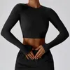 Camicie attive Girocollo a costine Cropprd Maglietta da palestra Top corto leggero di base Vestibilità slim Manica lunga Allenamento Abbigliamento donna Fitness