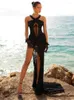 Casual Dresses Women Summer Celebrity Sexy Key Hole Split Black Lace Maxi Long Bodycon Gowns Dress 2024 Elegant Evening Party Club