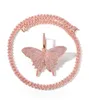 Hip Hop Rose Gold Butterfly Pendant Necklaces Pink Cuban Link Chain Tennis Chain For Men Women Iced Out Cubic Zircon Fashion Jewel3901806