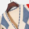 Kvinnors stickor av hög kvalitet 3D druvkontrast Argyle Plaid Cardigan Sweater Autumn Crop Women V Neck Knit Jacket