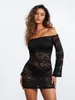 Casual Dresses Wsevypo Black Lace Crochet Mini Dress Women's Off-Shoulder Long Sleeve Bodycon Clubwear See-Through Night Club