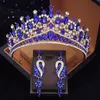 Underbar Crystal Wedding Crown med örhängen Brud Tiaras Princess Prom Bridal Tiaras Purple Crowns Hair Smycken Tillbehör 240102