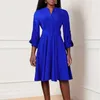 Ethnic Clothing African Solid Autumn Dress 2024 Ladies Office OL Midi Sundress Women Casual Long Sleeve High Waist Drawstring Party