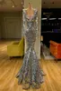 Paillettes scintillantes argent sirène robes de bal à manches longues robe de soirée arabe Dubaï longue élégante femmes formelle cocktail Gala Go5315624