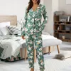 Women's Sleepwear Pajama Sets Women Cozy Plaid Single Breasted Tops Full Length Pants Teenagers Autumn Trendy Home Loose Lounge Female