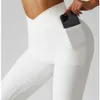 Cor sólida com nervuras calças de yoga mulheres bolsos crossover cintura alta leggings de fitness sexy butt lift treino correndo collants 240102