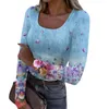 Dames T-shirts Mode Slanke onderkant T-shirt Casual Retro Bloemenprint U-hals Trui met lange mouwen Top Officiële winkel Ropa De Mujer