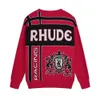 Rhude Hoodie Designer Moda Moletons Outono e Inverno Novo Nicho Trendy Marca Bloqueio de Cores Jacquard Logo Camisola de Malha Solta High Street Casual Homens Mulheres