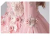 Vestidos de menina renda rosa crianças dama de honra flor para festa de casamento alargamento manga pageant vestido de princesa primeira comunhão vestido