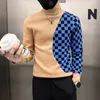 Maglioni da uomo Moda Maglia a scacchiera a contrasto Maglione a maniche lunghe Collo a lupetto Slim Casual Pullover lavorato a maglia Ufficio Abbigliamento sociale da uomo