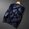 Herr t-skjortor Autumn Winter Soft Velvet för herrarna överdimensionerade Velor Clothing Luxury Flowers Wide T-shirts V Neck Streetwear Tops