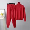 Women's Two Piece Pants Red Warm Outfits 2 Pieces Women Sets Autumn Winter Knitted Tracksuit Turtleneck Sweater And Straight Jogging Suit