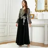 Abbigliamento etnico Zigui Abito in velluto Donna Ricamo di lusso Perline Verde nerastro Abaya Abito con maniche a sbuffo Festa musulmana