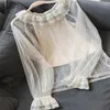 Women's Blouses Double-Layer Lace Collar Shirt White Black Women Mesh Tops Sexy Fairy Trendy Blouse Underwear Solid Color Transparent Bottom