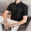 Herrpolos 2024 Spring Summer Knit Polo Shirt Men Casual Turn-Down Cong-knapp-Up Fashion Randig Solid Slim Tops Sticking Tyg T-shirt