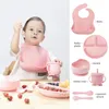 Kindergeschirrset Baby Silikon 6-teiliges Geschirrset Saugnäpfe Gabeln Löffel Lätzchen Strohhalme Tassen Mutter- und Babyzubehör 240102
