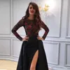 Arabische Partykleider, sexy, schwarzer Abend, Abschlussball, lange Ärmel, durchsichtiges Spitzenoberteil, rote 3D-Blumen, geteilter Sweep-Zug, formelle Kleidung, Yousef Aljasmi