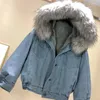 Frauen Jacken Samt Dicke Denim Mit Kapuze Jacke Weibliche Winter Große Pelzmantel Streetwear Kurze Casual Parka Warme Oberbekleidung