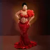 Afrykańskie arabskie rozmiar Plus Aso Ebi Sukienki balowe syrena czerwona iluzja koralika Formalne sukienki wieczorowe Eleganckie dla czarnych kobiet w stylu urodzinowym suknie recepcyjne NL227