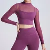 Aktive Shirts, sexy Mesh-Yoga-Langarm-BH, Sportbekleidung, Laufen, schnell trocknend, Sport, 1 Tasse, Fitness-Top, enge Hosen