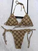 Kvinnors bikini designer sexig strand bikinis baddräkt modebrev tryckt snörning upp sommar split baddräkt sexig bandeau thongbikinis för kvinnor003