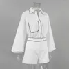 Damen Trainingsanzüge Lässige Mode Baumwolle und Leinen Langarmanzug Sommer Schwarz Weiß Farbkontrast Hemd Shorts Zweiteiliges Set