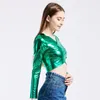 Women's Blouses Women Top V Neck Faux Leather Pullover Blouse For Slim Fit Performance Dance With Long Sleeve Breathable Soft Material