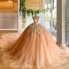 Peach Puffy Ball Gown Sweetheart Neck Applique Prom Dresses Flowers Chapel Train Tulle Evening Gowns Formal Dress YD 328 328