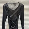 Women's T Shirts Spring 2024 Sexy Back Strap Mesh Crocheted Flower Micro Transparent Long Sleeve T-shirt Black Lace Tshirt Y2k Top