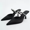 TRAF, летние женские туфли-лодочки на каблуке, туфли-лодочки на высоком каблуке со стразами, элегантные офисные современные туфли на каблуке с открытой пяткой, бежевые, черные туфли на каблуке 240102