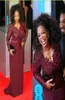 Oprah Winfrey Borgonha Mangas Compridas Sexy Mãe da Noiva Vestidos VNeck Sheer Lace Bainha Plus Size Celebridade Tapete Vermelho Eveni1958686