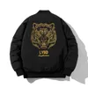 Jaqueta Bomber Homens Tigre Bordado com Capuz Removível Casual Vintage Grosso Quente Casaco de Inverno Zip Windbreaker Windproof Outwear 240102