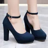 Dress Shoes Flock Faux Suede Leather Navy Blue Platform For Women Spring Autumn Round Toe Office Pumps Heels Mary Janes