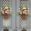 Flores decorativas cabide de porta cesta grinalda primavera artificial sinal de boas-vindas vime tecido flor pendurável para janela