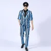 Korean Style Men Casual Stripes Suit Blue Black Single Button Slim Fit Halt Sleeve Blazer Pantsuit Bar Singer Stage Hairdresser Nightclub Party 2PCS Set