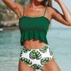 Maillots de bain pour femmes Bikini taille haute smocké vert et Monstera