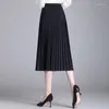 Saias vintage preto cintura alta plissada saia de comprimento médio para primavera feminina e outono estilo universitário conjunto a-line 5xl