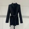 Damenjacken Herbst Winter Damen Schärpen Gürtel Taille Wolljacke Eleganter Wollmantel mit V-Ausschnitt