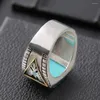 Cluster Rings Fashion Vintage Square Turquoise Stones For Men Feather Carving Accessories Jewelry Bague Masculine Cool Band Gift