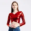 Women's Blouses Long Sleeve Top V Neck Faux Leather Pullover Blouse For Women Slim Fit Performance Dance With Breathable Soft