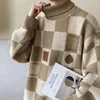 メンズフーディー秋と冬のファッションパーソナライズされたハイネック格子縞のセーター韓国ストリートカップ