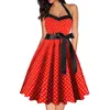 Robes décontractées Robe à col suspendu Femme Polka Dot Taille sans bretelles Slim Vintage Gothic A-Line Volants Party Chic pour le bal